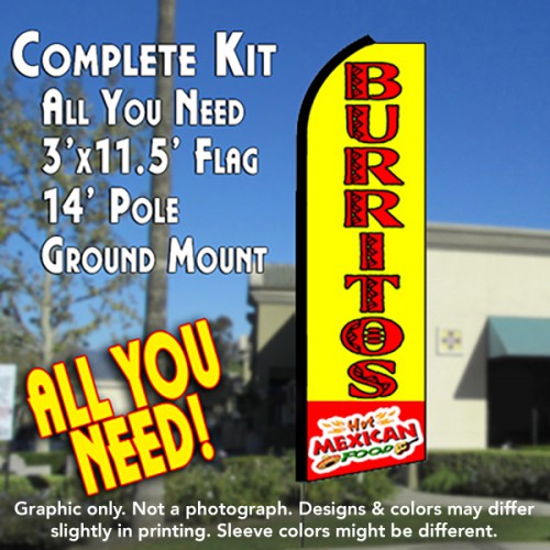 Burritos Hot Mexican Food (Yellow/Red)  Windless Advertising Feather Flag Kit  (Flag, Pole, & Ground Spike) 14 Feet Outdoor Flags