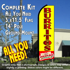 Burritos Hot Mexican Food (Yellow/Red)  Windless Advertising Feather Flag Kit  (Flag, Pole, & Ground Spike) 14 Feet Outdoor Flags