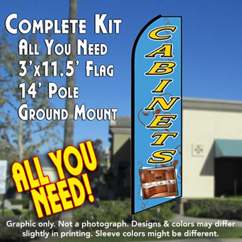 Cabinets (Blue)  Windless Advertising Feather Flag Kit  (Flag, Pole, & Ground Spike) 14 Feet Outdoor Flags