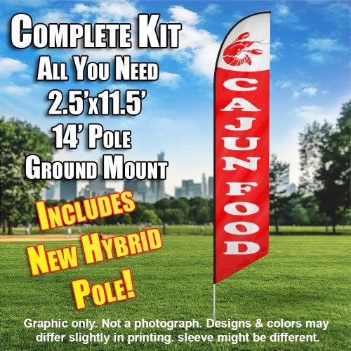 Cajun Food (Red/White Letters)  Windless Advertising Feather Flag Kit  (Flag, Pole, & Ground Spike) 14 Feet Outdoor Flags