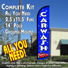 Car Wash (Blue/Bubbles)  Windless Advertising Feather Flag Kit  (Flag, Pole, & Ground Spike) 14 Feet Outdoor Flags