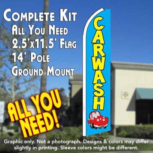 Car Wash (Blue/Car)  Windless Advertising Feather Flag Kit  (Flag, Pole, & Ground Spike) 14 Feet Outdoor Flags
