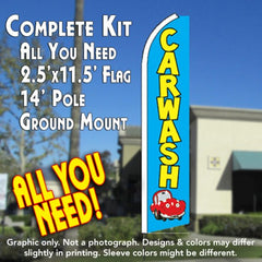 Car Wash (Blue/Car)  Windless Advertising Feather Flag Kit  (Flag, Pole, & Ground Spike) 14 Feet Outdoor Flags