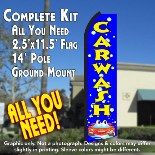 Car Wash (Blue/Yellow)  Windless Advertising Feather Flag Kit  (Flag, Pole, & Ground Spike) 14 Feet Outdoor Flags