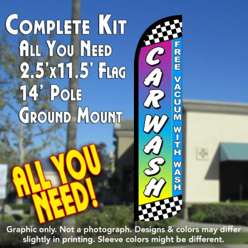 Car Wash (Free Vacuum)  Windless Advertising Feather Flag Kit  (Flag, Pole, & Ground Spike) 14 Feet Outdoor Flags