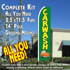 Car Wash (Green/Car)  Windless Advertising Feather Flag Kit  (Flag, Pole, & Ground Spike) 14 Feet Outdoor Flags