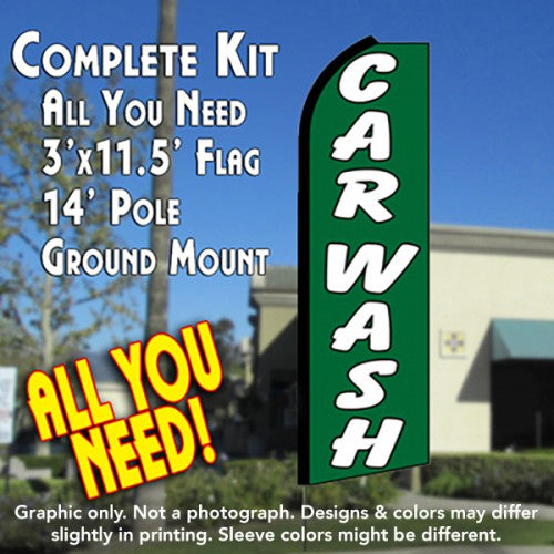 Car Wash (Green/White)  Windless Advertising Feather Flag Kit  (Flag, Pole, & Ground Spike) 14 Feet Outdoor Flags