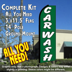 Car Wash (Green/White)  Windless Advertising Feather Flag Kit  (Flag, Pole, & Ground Spike) 14 Feet Outdoor Flags
