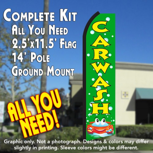 Car Wash (Green/Yellow)  Windless Advertising Feather Flag Kit  (Flag, Pole, & Ground Spike) 14 Feet Outdoor Flags