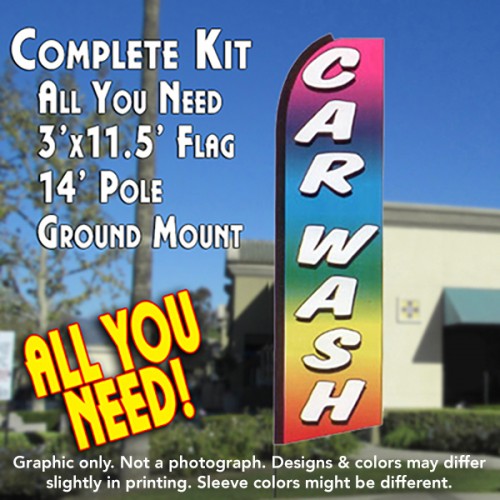 Car Wash (Multi-Colored)  Windless Advertising Feather Flag Kit  (Flag, Pole, & Ground Spike) 14 Feet Outdoor Flags