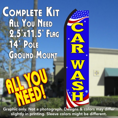 Car Wash (Patriotic)  Windless Advertising Feather Flag Kit  (Flag, Pole, & Ground Spike) 14 Feet Outdoor Flags