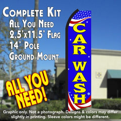 Car Wash (Patriotic)  Windless Advertising Feather Flag Kit  (Flag, Pole, & Ground Spike) 14 Feet Outdoor Flags