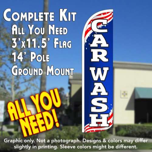 Car Wash (Patriotic)  Windless Advertising Feather Flag Kit  (Flag, Pole, & Ground Spike) 14 Feet Outdoor Flags