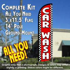 Car Wash (Red/Checkered)  Windless Advertising Feather Flag Kit  (Flag, Pole, & Ground Spike) 14 Feet Outdoor Flags