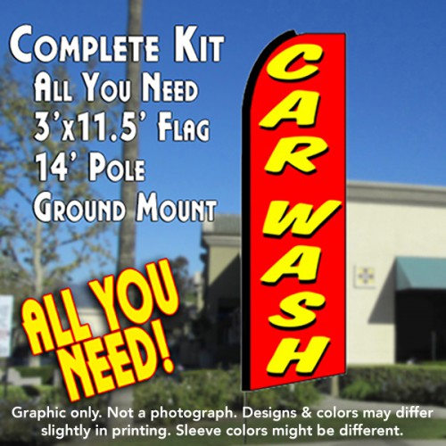 Car Wash (Red)  Windless Advertising Feather Flag Kit  (Flag, Pole, & Ground Spike) 14 Feet Outdoor Flags