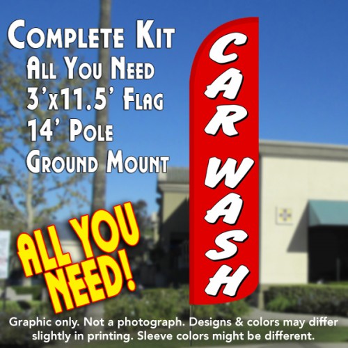 Car Wash (Red/White)  Windless Advertising Feather Flag Kit  (Flag, Pole, & Ground Spike) 14 Feet Outdoor Flags
