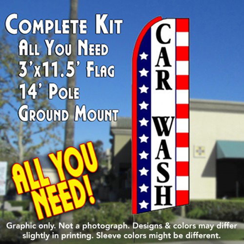 Car Wash (Stars & Stripes)  Windless Advertising Feather Flag Kit  (Flag, Pole, & Ground Spike) 14 Feet Outdoor Flags
