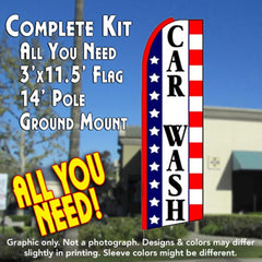 Car Wash (Stars & Stripes)  Windless Advertising Feather Flag Kit  (Flag, Pole, & Ground Spike) 14 Feet Outdoor Flags