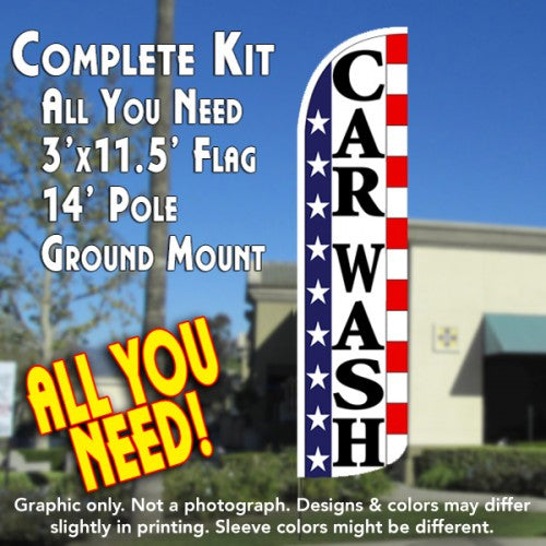 Car Wash (Stars & Stripes)  Windless Advertising Feather Flag Kit  (Flag, Pole, & Ground Spike) 14 Feet Outdoor Flags