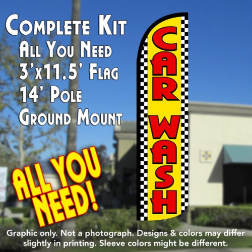 Car Wash (Yellow/Checkered)  Windless Advertising Feather Flag Kit  (Flag, Pole, & Ground Spike) 14 Feet Outdoor Flags
