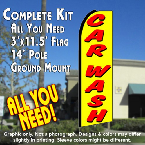 Car Wash (Yellow)  Windless Advertising Feather Flag Kit  (Flag, Pole, & Ground Spike) 14 Feet Outdoor Flags