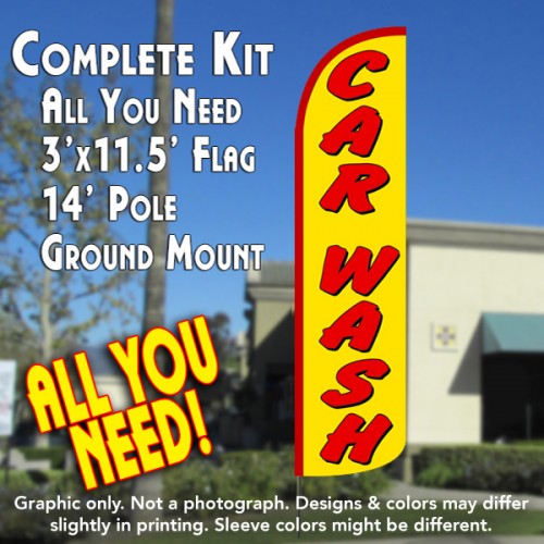 Car Wash (Yellow/Red)  Windless Advertising Feather Flag Kit  (Flag, Pole, & Ground Spike) 14 Feet Outdoor Flags
