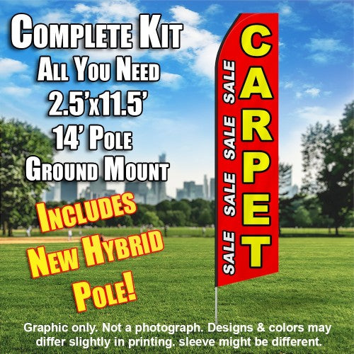Carpet Sale (Red/Yellow & White Letters)  Windless Advertising Feather Flag Kit  (Flag, Pole, & Ground Spike) 14 Feet Outdoor Flags