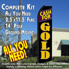 Cash For Gold (Black/Gold)  Windless Advertising Feather Flag Kit  (Flag, Pole, & Ground Spike) 14 Feet Outdoor Flags