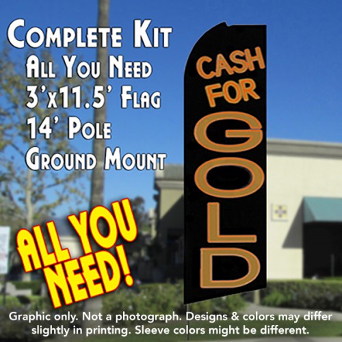 Cash For Gold (Black)  Windless Advertising Feather Flag Kit  (Flag, Pole, & Ground Spike) 14 Feet Outdoor Flags