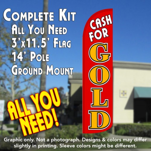 Cash For Gold (Red/Gold)  Windless Advertising Feather Flag Kit  (Flag, Pole, & Ground Spike) 14 Feet Outdoor Flags
