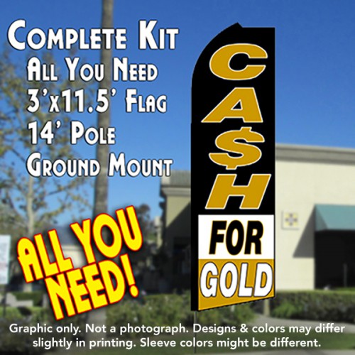 Cash For Gold (Black/White/Gold)  Windless Advertising Feather Flag Kit  (Flag, Pole, & Ground Spike) 14 Feet Outdoor Flags