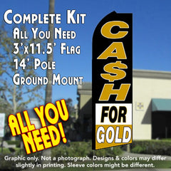 Cash For Gold (Black/White/Gold)  Windless Advertising Feather Flag Kit  (Flag, Pole, & Ground Spike) 14 Feet Outdoor Flags