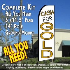 Cash For Gold (White)  Windless Advertising Feather Flag Kit  (Flag, Pole, & Ground Spike) 14 Feet Outdoor Flags