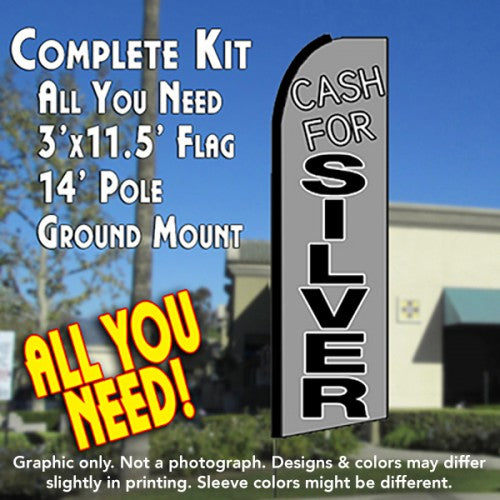 Cash For Silver (Gray)  Windless Advertising Feather Flag Kit  (Flag, Pole, & Ground Spike) 14 Feet Outdoor Flags