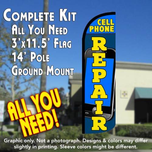 Cell Phone Repair  Windless Advertising Feather Flag Kit  (Flag, Pole, & Ground Spike) 14 Feet Outdoor Flags