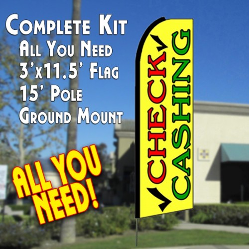 Check Cashing (Yellow)  Windless Advertising Feather Flag Kit  (Flag, Pole, & Ground Spike) 14 Feet Outdoor Flags