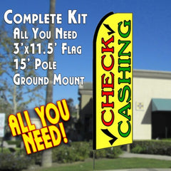 Check Cashing (Yellow)  Windless Advertising Feather Flag Kit  (Flag, Pole, & Ground Spike) 14 Feet Outdoor Flags