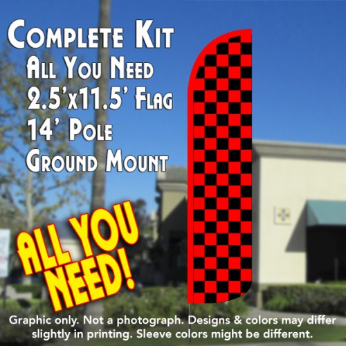 Checkered Red/Black  Windless Advertising Feather Flag Kit  (Flag, Pole, & Ground Spike) 14 Feet Outdoor Flags