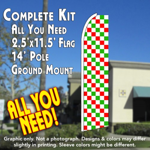 Checkered (Red/White/Green)  Windless Advertising Feather Flag Kit  (Flag, Pole, & Ground Spike) 14 Feet Outdoor Flags