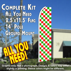 Checkered (Red/White/Green)  Windless Advertising Feather Flag Kit  (Flag, Pole, & Ground Spike) 14 Feet Outdoor Flags