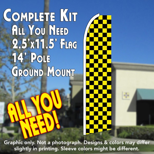 Checkered Yellow/Black  Windless Advertising Feather Flag Kit  (Flag, Pole, & Ground Spike) 14 Feet Outdoor Flags