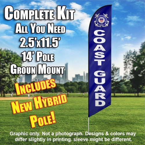 United States U.S. Coast Guard (Blue)  Windless Advertising Feather Flag Kit  (Flag, Pole, & Ground Spike) 14 Feet Outdoor Flags