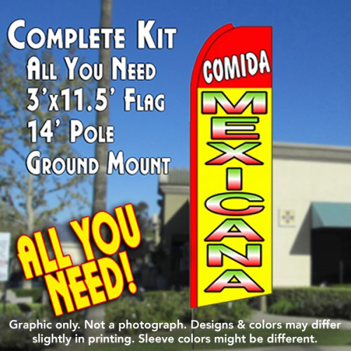 Comida Mexicana (Red/Yellow)  Windless Advertising Feather Flag Kit  (Flag, Pole, & Ground Spike) 14 Feet Outdoor Flags