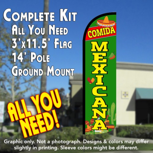 Comida Mexicana  Windless Advertising Feather Flag Kit  (Flag, Pole, & Ground Spike) 14 Feet Outdoor Flags