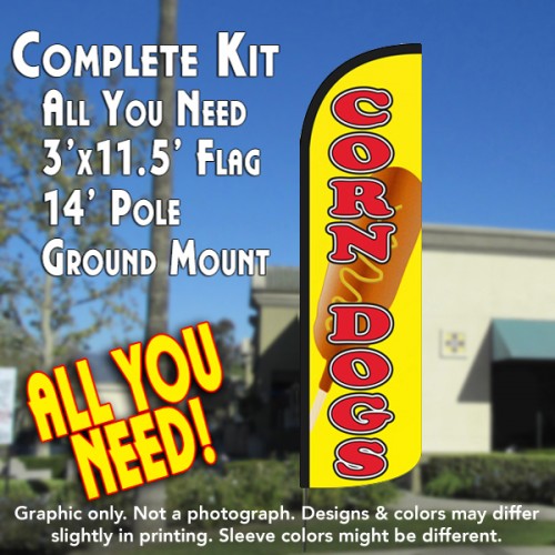 Corn Dogs  Windless Advertising Feather Flag Kit  (Flag, Pole, & Ground Spike) 14 Feet Outdoor Flags