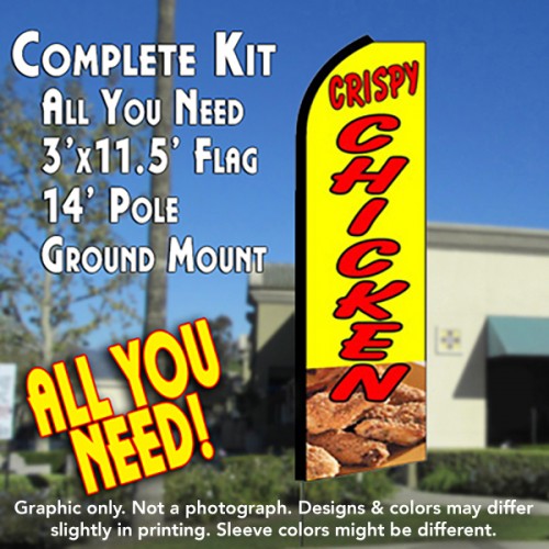 Crispy Chicken (Yellow)  Windless Advertising Feather Flag Kit  (Flag, Pole, & Ground Spike) 14 Feet Outdoor Flags