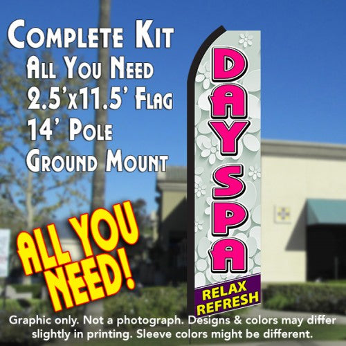 Day Spa Relax Refresh (Silver/Pink)  Windless Advertising Feather Flag Kit  (Flag, Pole, & Ground Spike) 14 Feet Outdoor Flags