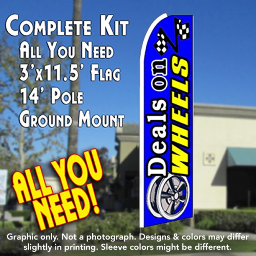 Deals On Wheels (Blue)  Windless Advertising Feather Flag Kit  (Flag, Pole, & Ground Spike) 14 Feet Outdoor Flags