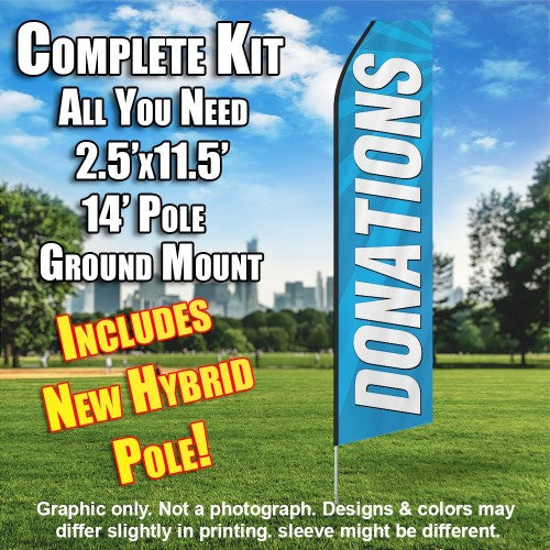 Donations (Blue And White)   Windless Advertising Feather Flag Kit  (Flag, Pole, & Ground Spike) 14 Feet Outdoor Flags
