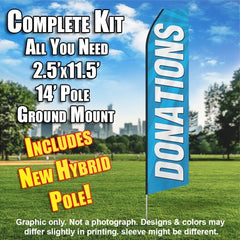 Donations (Blue And White)   Windless Advertising Feather Flag Kit  (Flag, Pole, & Ground Spike) 14 Feet Outdoor Flags